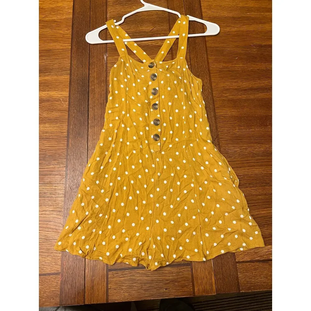American Eagle Mustard Yellow Polka Dot Romper XS Button Front Cross Back Summer - Picture 10 of 11
